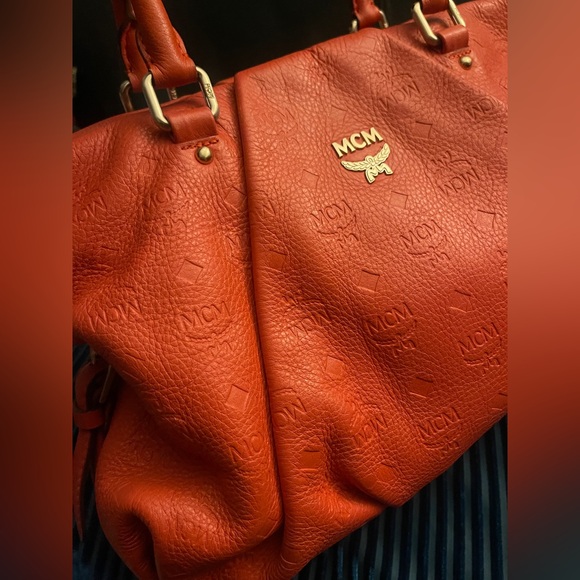 MCM Orange Monogram Embossed Leather Medium Handbag NO crossbody strap AUTH - Picture 6 of 16